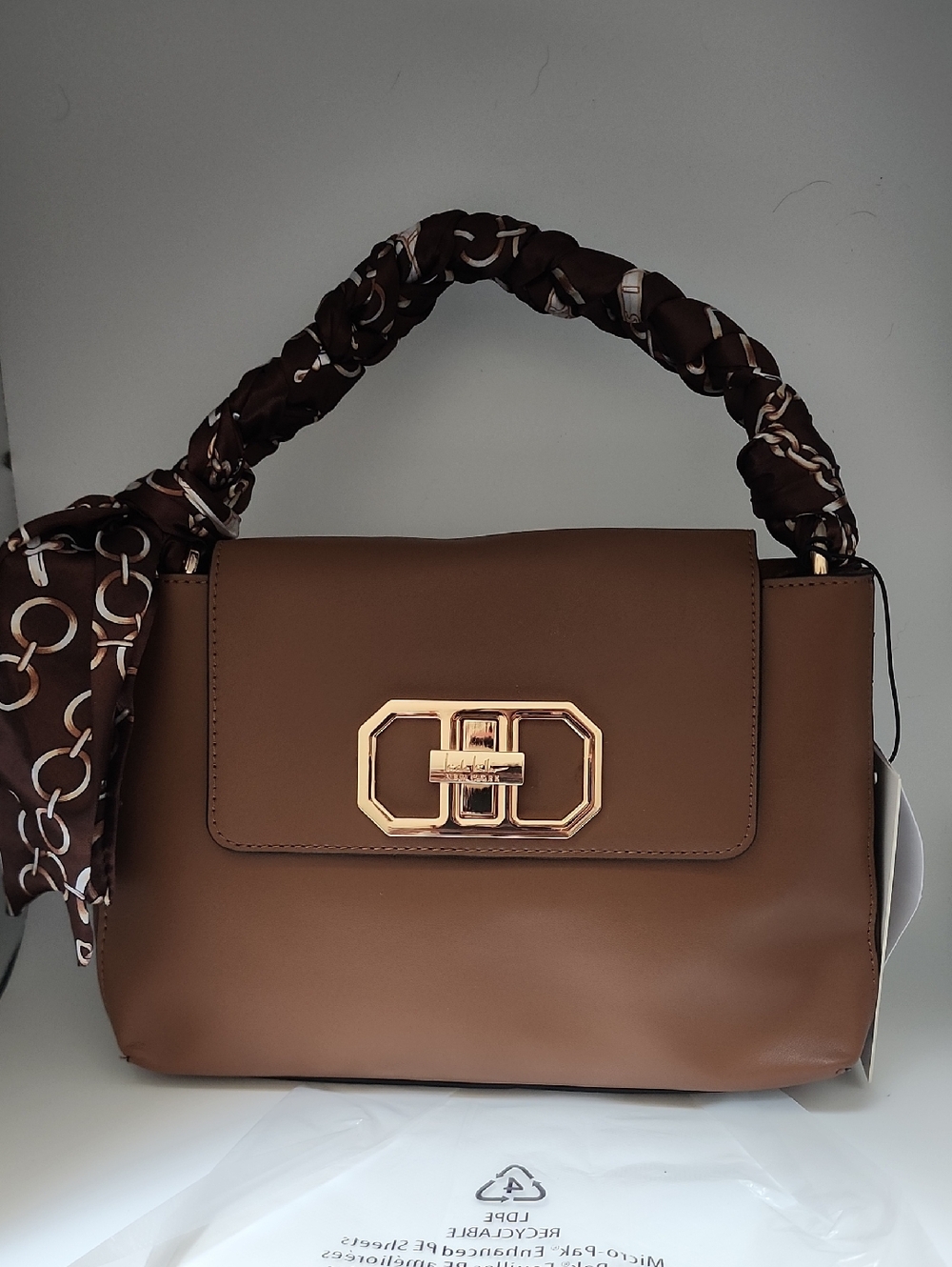 Nicole Miller Brown Shoulder Bag with Satin Scarf Handles